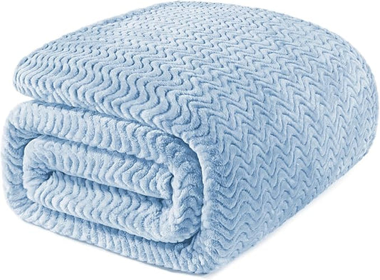 Exclusivo Mezcla Twin Blanket for Bed, Cozy Lightweight Fleece Blankets for All Season, Decorative Giftable Fuzzy Plush Wave Textured Suitable for Women, Men, Light Blue, 90x66 Inches