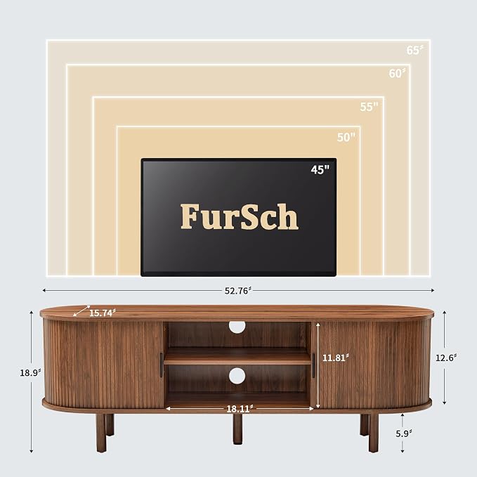 FurSch 53" Tambour Door TV Stand,Wood Mid Century Modern TV Cabinet for Up to 65“ TV,Curved Edge Long TV Stand with Storage for Bedroom Living Room(Walnut, 54inch) - Image 2