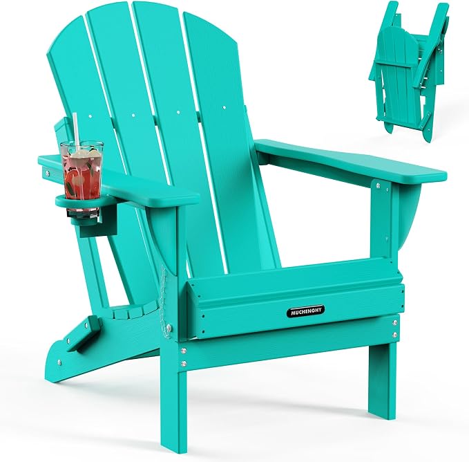 MUCHENGHY Folding Adirondack Chairs, Patio Chairs, Lawn Chairs, Outdoor Chair, Adirondack Chair Plastic, Fire Pit Chairs, Weather Resistant with Cup Holder for Deck, Backyard, Garden(Lake Blue) by MUCHENGHY