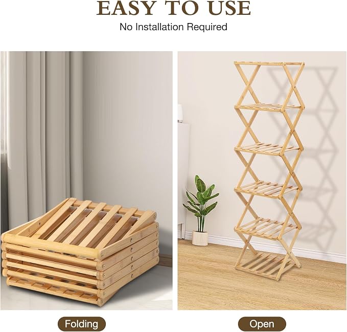 Bamboo Shoe Rack 6 Tier Foldable Shoe Rack Narrow Vertical Shoe Organizer Free Standing Shelf, Multifunctional Slim Storage for Entryway, Corner, Bedroom, Hallway, Wood Color - Image 4