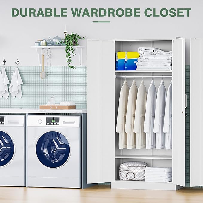 Metal Wardrobe Closet Cabinet,White Armoire Wardrobe Closets Storage Cabinets with Doors and Shelves for Laundry Room,Bedroom,Home Office,Bathroom(Long Handle)