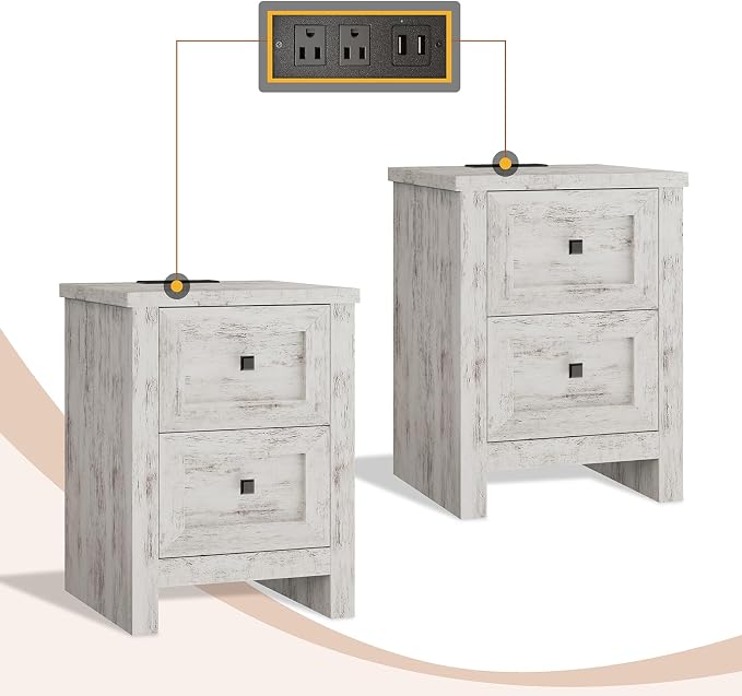 AMERLIFE Large Nightstand Set of 2 with Charging Station, Bedside Table with USB Ports and Outlets, Farmhouse Wood End Table for Bedroom, Distressed White - Image 8