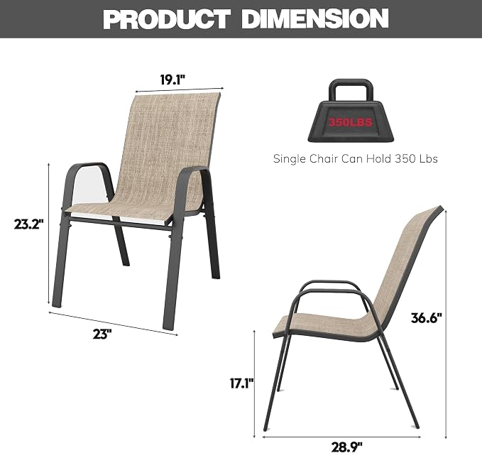 Patio Chairs Set of 4, Stackable Outdoor Dining Chairs for All Weather Textilene Fabric & Metal Frame, Outdoor Chairs Set for Backyard Deck Garden (Brown, Set of 4) - Image 2