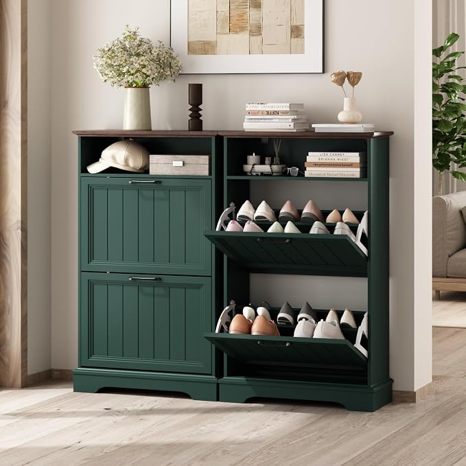 Shoe Storage Cabinet with 2 Flip Drawers, 24" W Farmhouse Modern Hidden Shoes Rack Cabinet with Adjustable Shelves & Open Storage, Narrow Slim Shoe Organizer for Front Door Entrance, Entryway, Green - Image 7