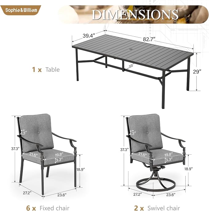 Sophia & William 9 Piece Outdoor Patio Dining Set, Patio Table and Chairs Set for 8, 6 Fixed and 2 Swivel Patio Chairs with Cushions and Rectangular Table, Outdoor Dining Set for Backyard, Poolside - Image 2