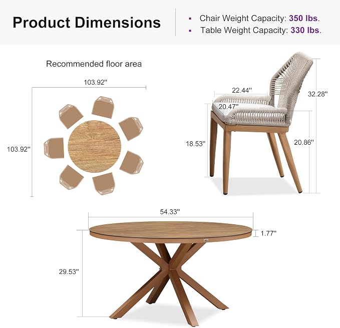 PURPLE LEAF 7 Pieces Round Dining Set Patio Aluminum Modern Round Table and Wicker Chairs with Cushions for Kitchen Backyard Garden Outdoor Furniture Sets, Teak - Image 9