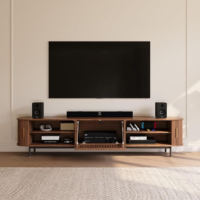 POVISON Fully-Assembled Mid Century Modern TV Stand for 75+ inch TV, Sliding Door Entertainment Center with Storage, Wood TV Console, Media Console for Living Room Bedroom(Walnut, 94.49") - Image 2