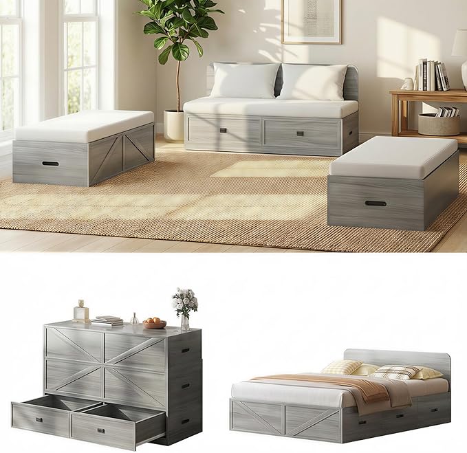 CECER Murphy Bed Queen with Mattress Include，Queen Size Murphy Bed with Storage Drawers，Multi-Functional Desgin that Converts to Sofa Set for Small Spaces/Guest Room/Bedroom（Grey）