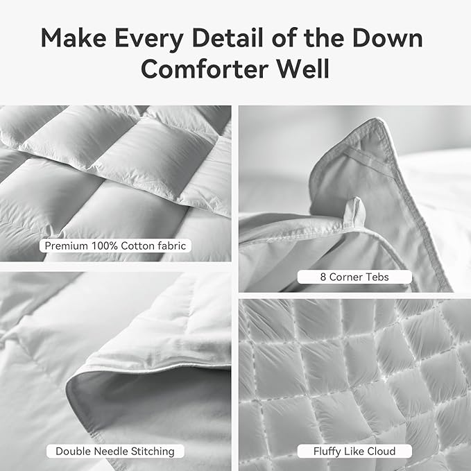 L LOVSOUL Goose Feather Down Fiber Comforter King Size, 100% Organic Cotton Fabric Duvet Insert,1200TC,750+FP, Hotel Collection, All Season Light Grey Bedding Comforters with 8 Tabs
