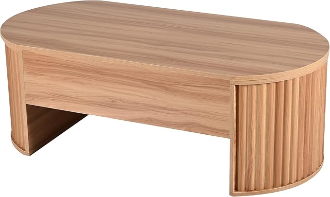 Oval Coffee Table with Lifting Top for Living Room Lift Up Coffee Table with Storage Modern Smart Coffee Tables with Adjustable Lift Table Top Fluted Wooden Center Tables Light Brown 47.2"