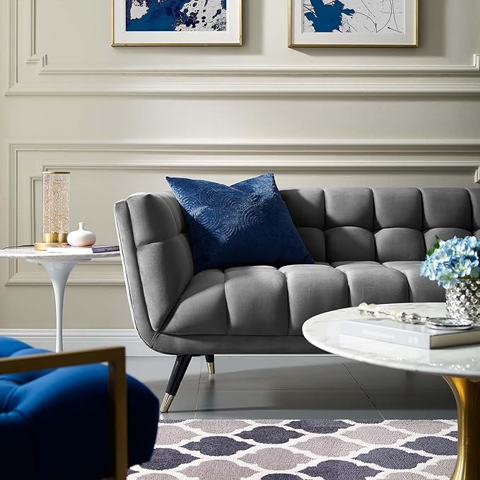 Modway Adept Contemporary Mid-Century Modern Performance Velvet Upholstered Tufted Sofa in Gray
