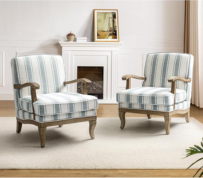 HULALA HOME Mid-Century Modern Chair Set of 2, Upholstered Accent Chair with Graceful Curves and Wooden Legs, Comfy Lounge Armchair Striped Accent Chairs for Living Room, Bedroom (Blue)