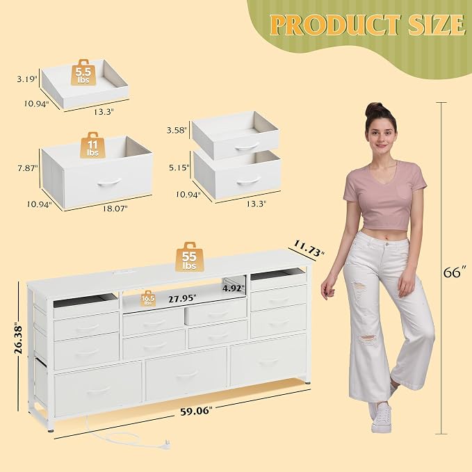 WLIVE White Dresser TV Stand for 55, 60, 65 inch TV, Entertainment Center with LED Lights & Charging Station, TV Media Console Table with 13 Fabric Drawers and Open Shelves for Living Room, Wood Top - Image 2