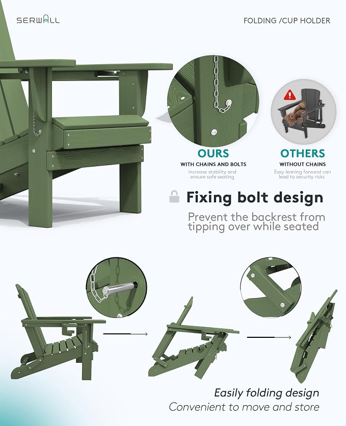 SERWALL Adirondack Chair with Cup Holders - Composite Adirondack Chairs HDPE Outdoor Chairs All Weather Use- Avocado - Image 6