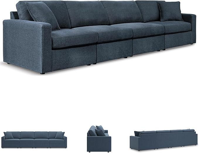 Signature Design by Ashley Modmax Contemporary Modular Stain Resistant 4-Piece Sofa with Reversible Cushions and 2 Accent Pillows, Blue