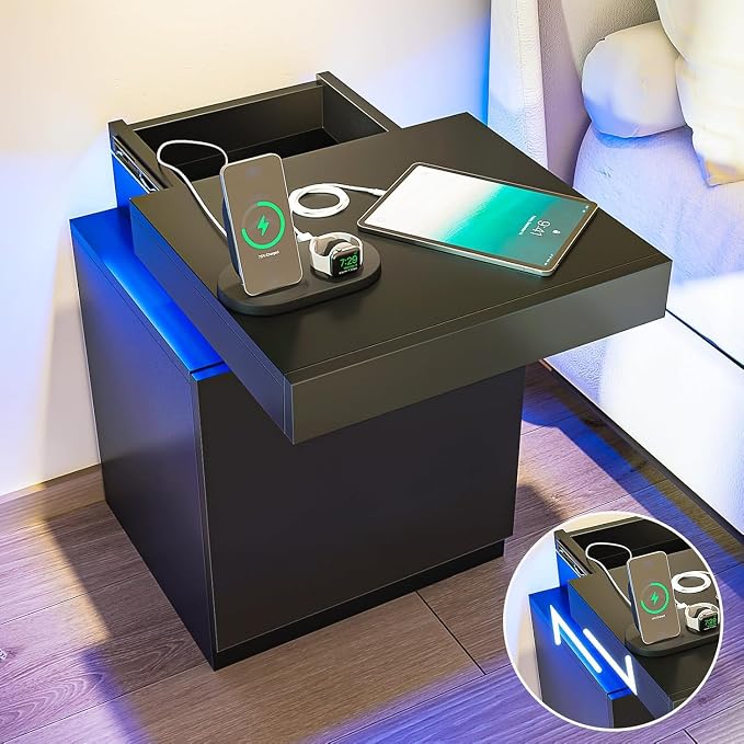 MXV LED Night Stand with Charging Station, Bedside Table with Sliding Top Storage, Modern End Table for Bedroom, Black - Image 4