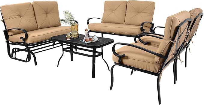 5 Pcs (6 Seats) Outdoor Patio Furniture Conversation Sets, Glider, Loveseat and Coffee Table, 2 Single Chairs with Cushions (Brown)