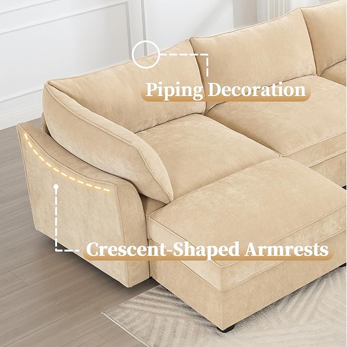 Rovibek 112” L Shaped Couch with Storage, Chenille Sofas for Living Room, Sectional Couch with Pull Out Drawer & Throw Pillows & Storage Ottoman, Wheat