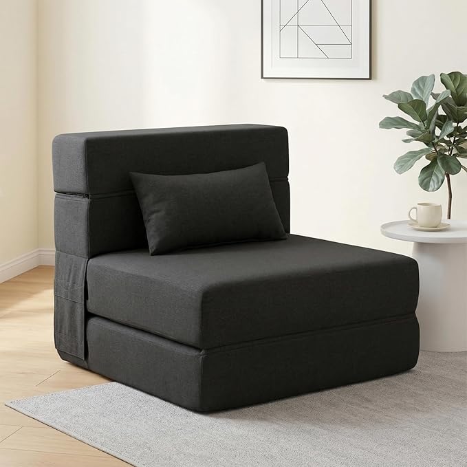 Folding Sofa Bed with Pillow- Convertible Chair Floor Couch & Sleeping Mattress, Foldable Memory Foam Sleeper for Living Room/Dorm/Guest Room/Home Office/Apartment/Loft, Single28, Dark Gray