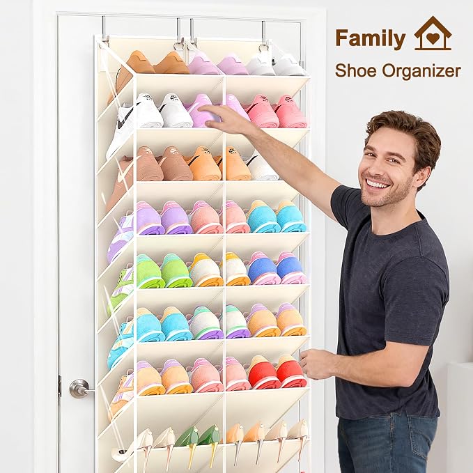 UVIAHOMI 20-30 Pairs Over the Door Shoe Organizer, Clear Pockets Hanging Shoe Storage for Closet, 10-Tier Door Shoes Rack, Handing Shoes Holder Fit All the Family's Sneakers, Boots, Heels, Beige - Image 4