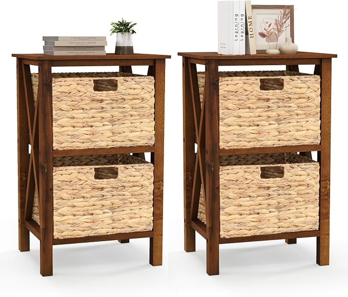 Giantex 2-Tier Nightstand with Wicker Baskets Set of 2, Wooden X-Design Side Table End Table, Beside Table with Acacia Wood Legs, Mid Century Accent Storage Cabinet for Small Spaces, Bedroom, Walnut by Giantex