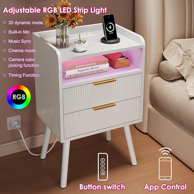 Fixwal White Fluted Nightstand with Charging Station, LED Night Stand with 2 Wood Drawers for Bedroom, Modern Bedside Table, 15.7 x 11.8 x 25.6in - Image 5