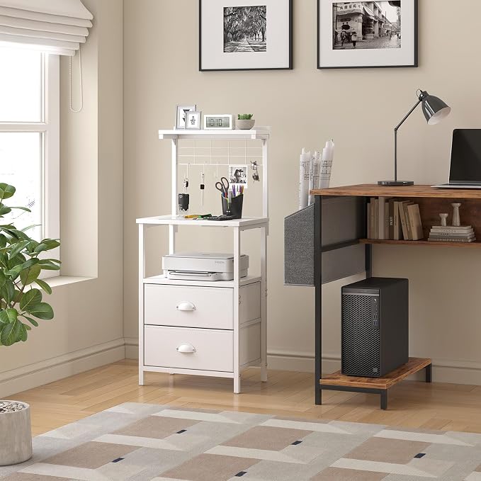sthmec Tall Nightstands with Charging Station, LED Night Stand Bedsides with 2 PU Finish Fabric Drawers,Hooks,USB Port and Oepn Storage Shelves,Tall End Table Bedside for Bedroom,Office, White - Image 5