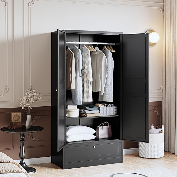 Metal Wardrobe Armoire Wardrobe Closet with Drawers Clothing Locker Steel Wardrobe Cabinet Metal Storage Cabinet 2 Door Closet Cabinet with Hanging Rod for Home Office Bedroom 72" X 36" X 18" Black