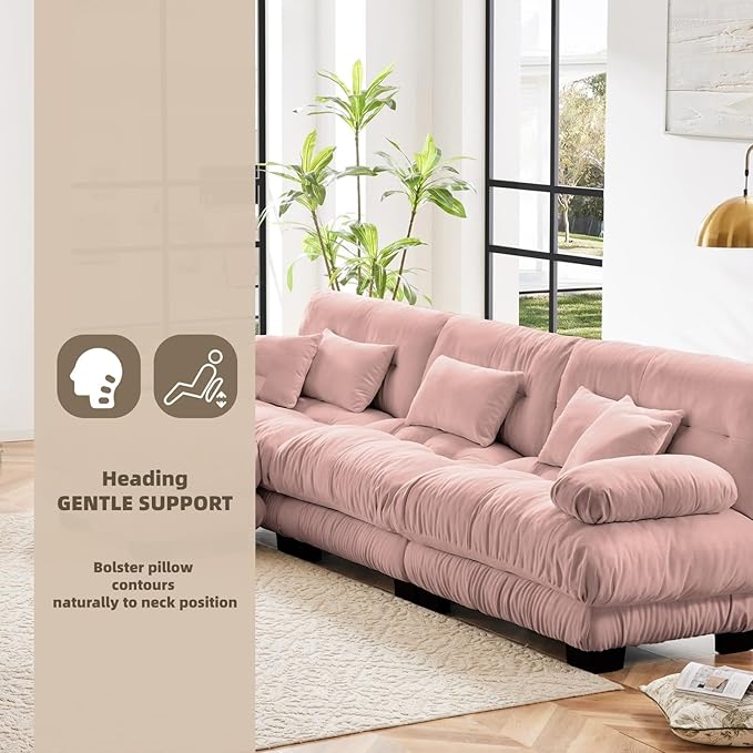 133.8" L-Shaped Cloud Couch, Oversized Modular Sectional Sofa, Deep Seat Cloud Boneless Couch, 3-Seat Modular Sectional Sofa with Ottoman or Living Room,Bedroom and Apartment, Pink