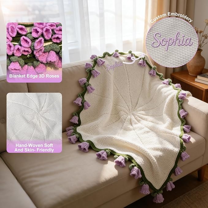 Personalized Handmade Crochet Rose Flower Blanket Bouquet – Custom Name Gift for Mother's Day, Valentine’s Day（Lily of the Valley）