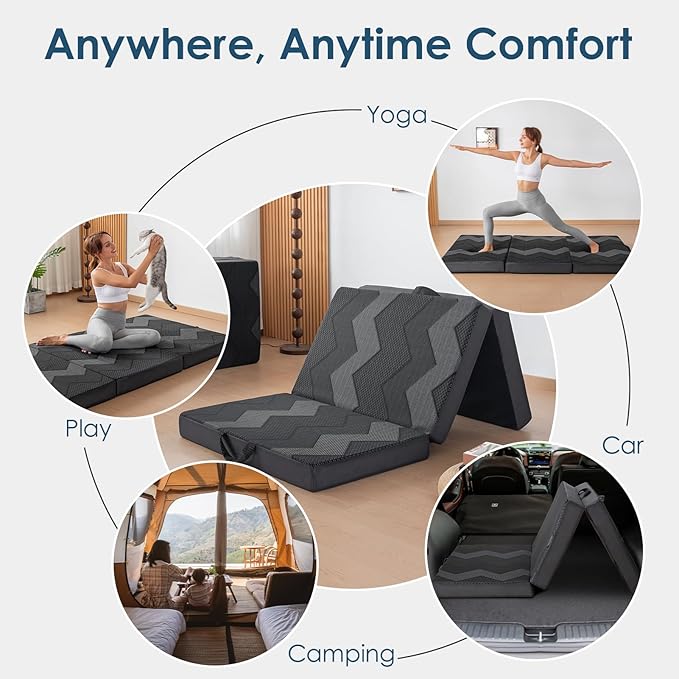 INGEROOM Foldable Mattress Queen - Memory Foam 4 inch Trifold Mattress for Camping, with Portable Handle, Non-Slip Folding Floor Bed Sofa for Guest Travel Yoga, Washable Breathable Cover