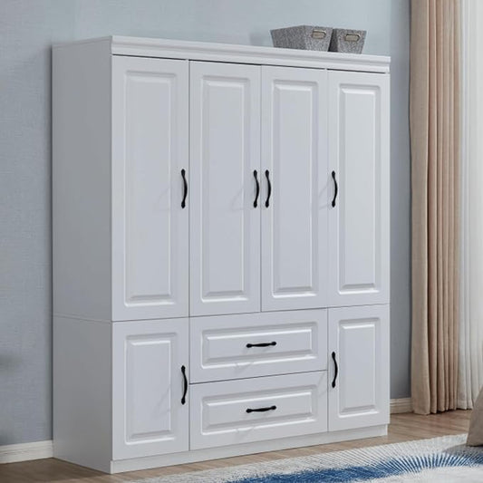 4 Doors Classic White Large Freestanding Wardrobe Armoire Wooden Closet Cabinet with Hanging Rod & Shelves Bedroom Clothes Storage Bathroom Wood Organizer(20.5" D x 63" W x 71.0" H)
