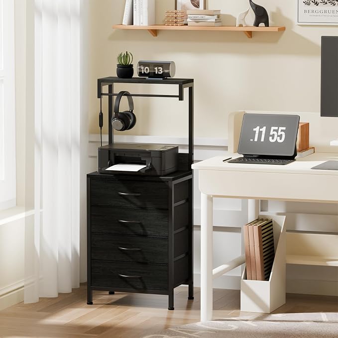 Furnulem Tall Nightstand with Charging Station, Night Stands with LED Lights and Storage Shelves, Bed Side Table for Bedroom, Hallway, Office, 4 Fabric Drawers (Black Oak) - Image 8
