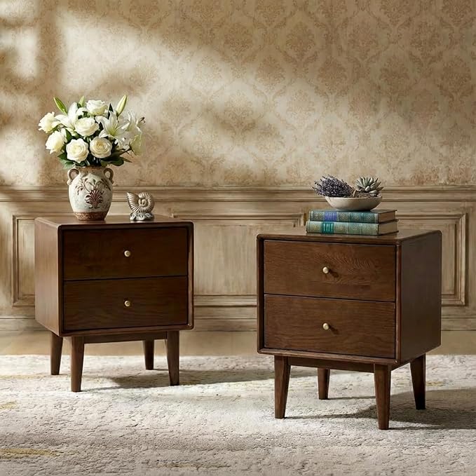 100% Solid Oak Wood Night Stand Set 2, Walnut Nightstand with 2 Drawers, Mid Century Modern Nightstands, Small Bedside Table for Bedroom(19.69" H) by Wayshome