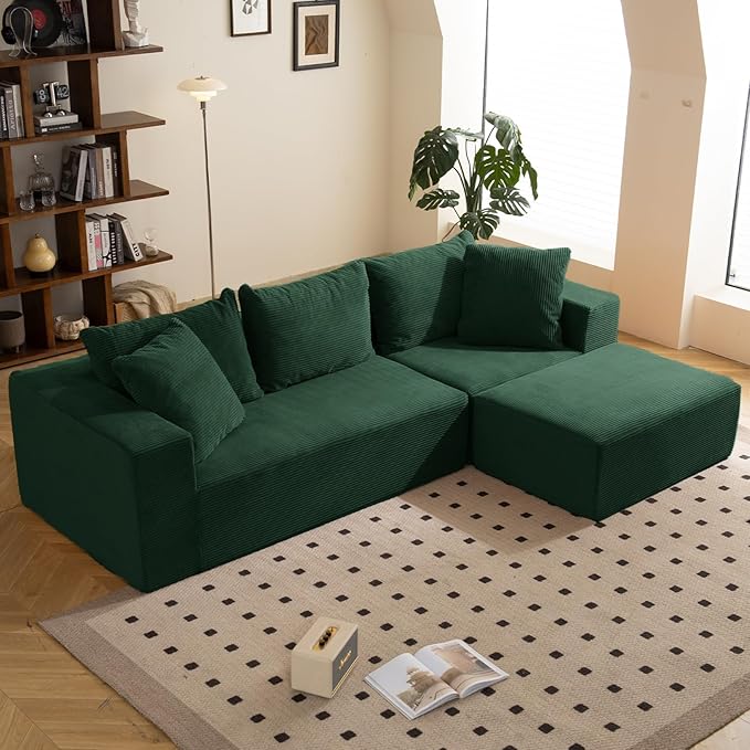 108" L-Shaped Boneless Couch, Modular Sectional Sofa with Moveable Ottoman, Corduroy Cloud Couches for Living Room, No Assembly, Ship in a Box, Green