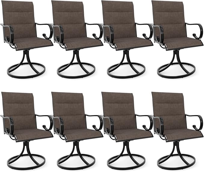 MELLCOM Swivel Outdoor Chairs Set of 8, High Back Padded Textilene Patio Dining Chairs with E-Coating Metal Frame, All-Weather Outdoor Furniture Rocker for Backyard, Porch, Garden, Lawn, Brown by MELLCOM