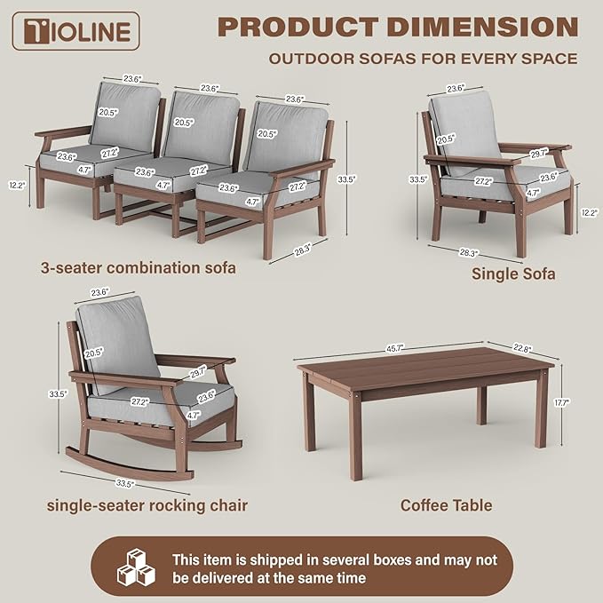 HDPE Patio Conversation Set, 6-Piece All Weather Outdoor Furniture Set with 1 Single Rocking Armchairs for Deck, Lawn, with Cushion, Brown