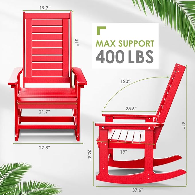 GREENVINES Outdoor Rocking Chair Set | 3-Piece | 2 Rocking Chairs with 1 Side Table | Porch Rocker | HDPE Plastic | Red | Patio Furniture Sets | High Back | Big & Tall | Ladder Back - Image 3