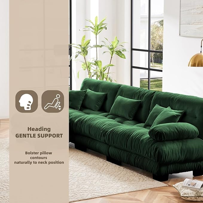 133.8" L-Shaped Cloud Couch, Oversized Modular Sectional Sofa, Deep Seat Cloud Boneless Couch, 3-Seat Modular Sectional Sofa with Ottoman or Living Room,Bedroom and Apartment, Green