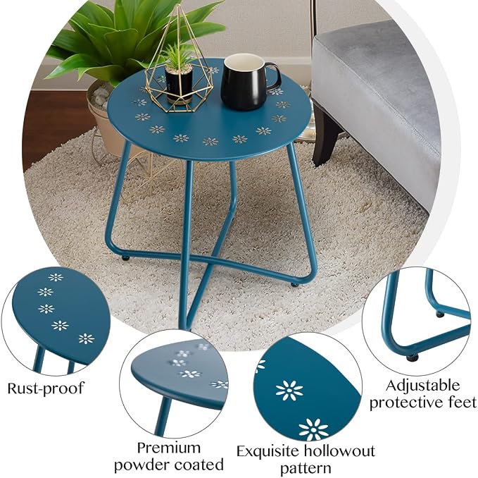 danpinera Outdoor Side Tables with Flower Cut Outs, Weather Resistant Steel Patio Side Table, Small Round Outdoor End Table Metal Side Table for Patio Yard Balcony Garden Navy Blue - Image 5