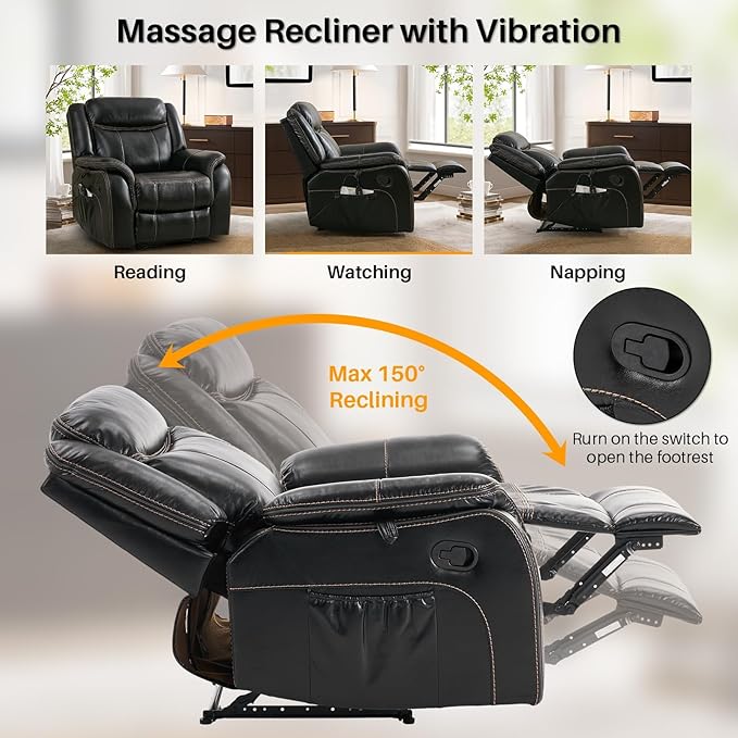 Massage Recliner Chair with Heat, Faux Leather Recliner Chairs for Adults, 39" Wide Manual Reclining Ergonomic Lounge Chair, Overstuffed Wall Hugger Recliners for Living Room, Black