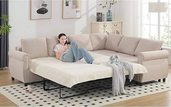 Ball & Cast 104" Sleeper Sofa Bed, L Shaped 6 Seater Sectional Sofa Couch with Pull Out Bed, 2 in 1 Pull Out Couch for Living Room, Office, Apartment,Beige