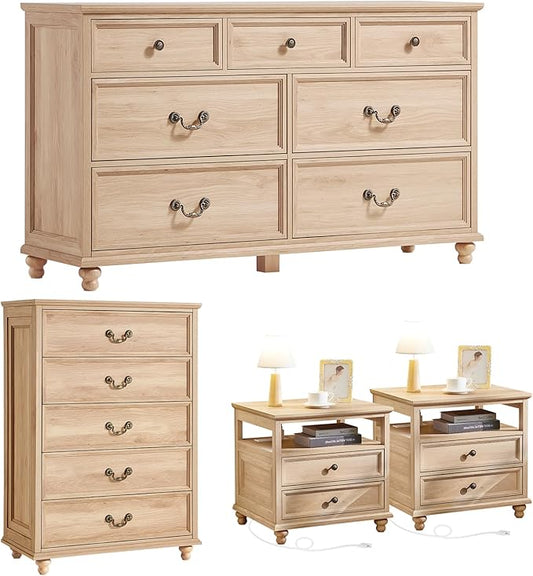 Joaxswe 24" Wide Farmhouse Nightstand with Charging Station Set of 2, 54" 7 Drawers Dresser, 45" Tall Rustic Chests of 5 Drawers, Farmhouse Furniture Series for Bedroom,Wood