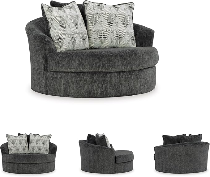 Signature Design by Ashley Biddeford Transitional Upholstered Oversized Swivel Accent Chair with 3 Accent Pillows, Black