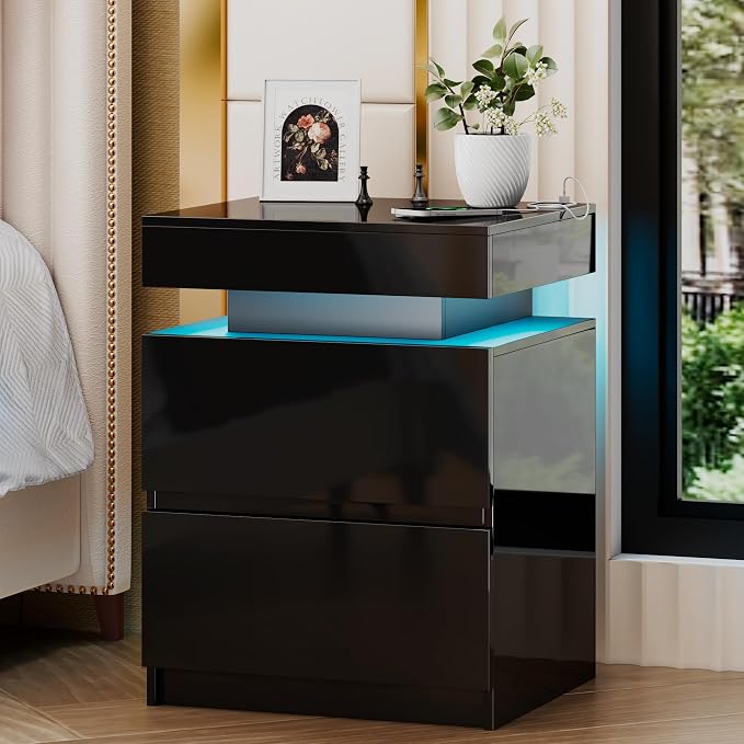LED Nightstand - Bedside Table with Charging Station and 2 Shiny Surface Drawers Sliding Top with Magnetic Lock - Modern Night Stand for Bedroom & Living Room - Black by SKKTKT