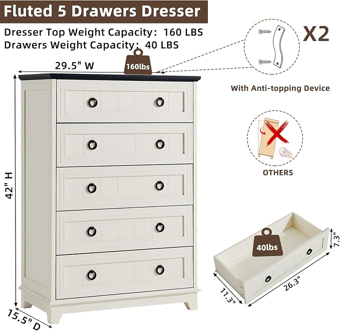 Joaxswe Farmhouse 5 Drawer Dresser for Bedroom, 42" Tall Small Dressers & Chest of Drawers, Rustic Wood Dresser with Metal Handle, Storage Organizer Closet for Living Room, Hallway, Entryway - Image 2
