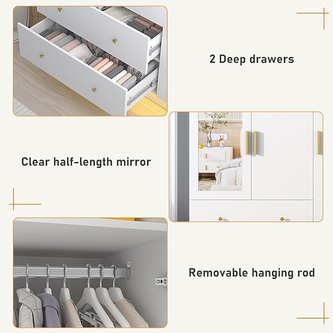 chartustriable 3 Doors Armoire Wardrobe Closet with Mirror, LED Armoire with Doors and Drawers, Wooden Wardrobe Storage Cabinet with Hanging Rod, Adjustable Shelves, White