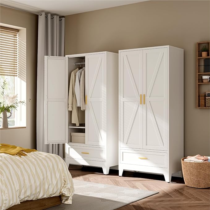 Metal Wardrobe Cabinet, 71" Tall Armoire Wardrobe Closet with Drawer,Hanging Rod and Adjustable Shelf, Farmhouse Clothing Storage Cabinet for Bedroom, Laundry