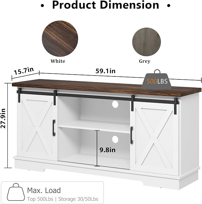 IDEALHOUSE Farmhouse Tv Stand for 65 inch TVs, Entertainment Center with Sliding Barn Doors and Adjustable Shelf, Modern Storage Media TV Console TV Stand Table for Living Room, Bedroom, White & Brwon - Image 2