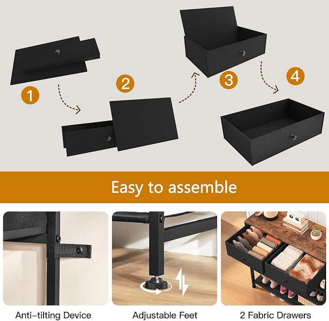 usikey Shoe Rack, 4 Tier Shoe Storage Organizer with 2 Drawers, Metal Shoe Shelf for 9-12 Pairs of Shoes, with 3 Oxford Fabric Shelves and Wooden Top, Shoe Stand for Closet Entryway, Black UNYXJX012H - Image 6